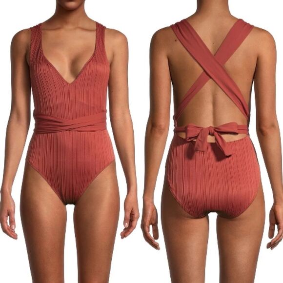 Time and Tru Women's Rusty Brick Wrap One-Piece Swimsuit with Tie Waist Size XL - Picture 1 of 8